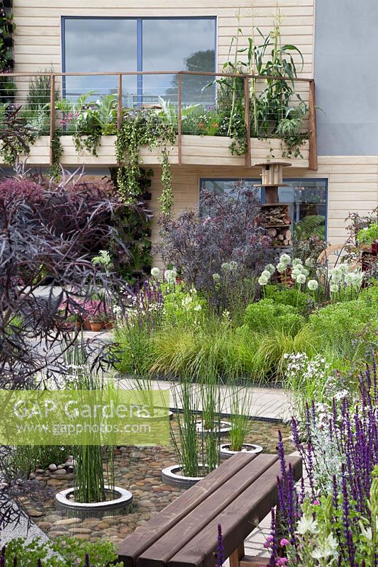 The RHS Greening Grey Britain Garden - view of garden, pond, and balcony - RHS Chelsea Flower Show 2017