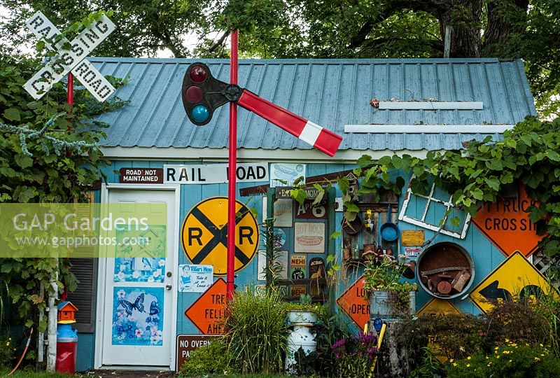 Shed with road signs