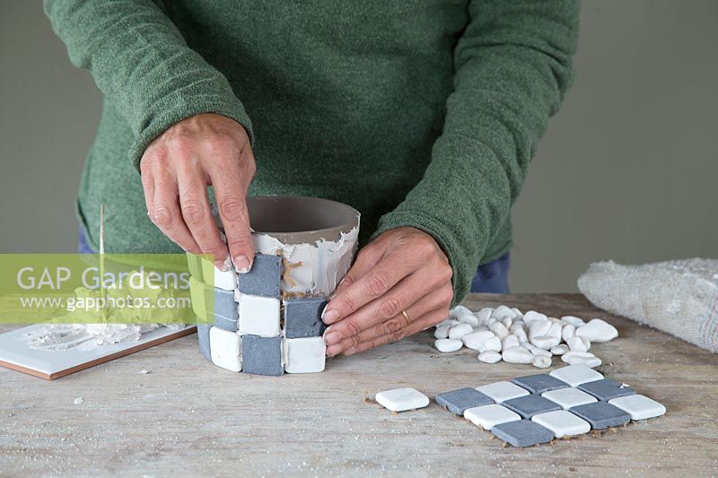Sticking mosaic tiles to ceramic pot