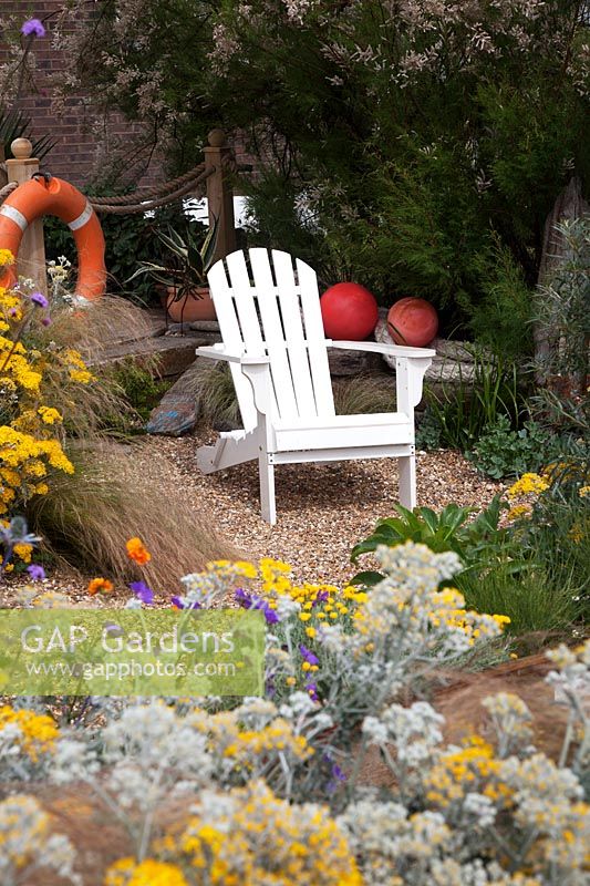 Seaside themed front garden with white Adirondack chair, planted with coastal plants,  including Cineraria 'Silver Dust' , Stipa tenuissima and Tamarisk tetandra flowering behind  and decorated with  life ring and fishing floats. 