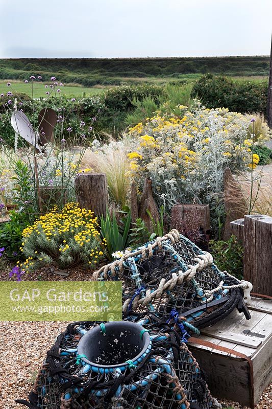 Seaside themed front garden planted with coastal plants  including Cineraria 'Silver Dust', Santolina 'Lambrook Silver' , Stipa tenuissima, Verbena bonariensis and decorated with   driftwood sculptures and lobster pots with a sea view.