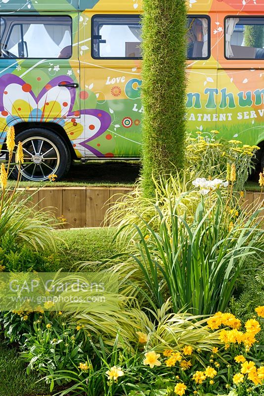 Colourful hippie van with planting of Hakonechloa, yellow Daylilies and Coreopsis in BBC Gardener's World Live, Birmingham 2017 - GreenThumb's 'With a Twist' Garden - Designer: Pip Probert