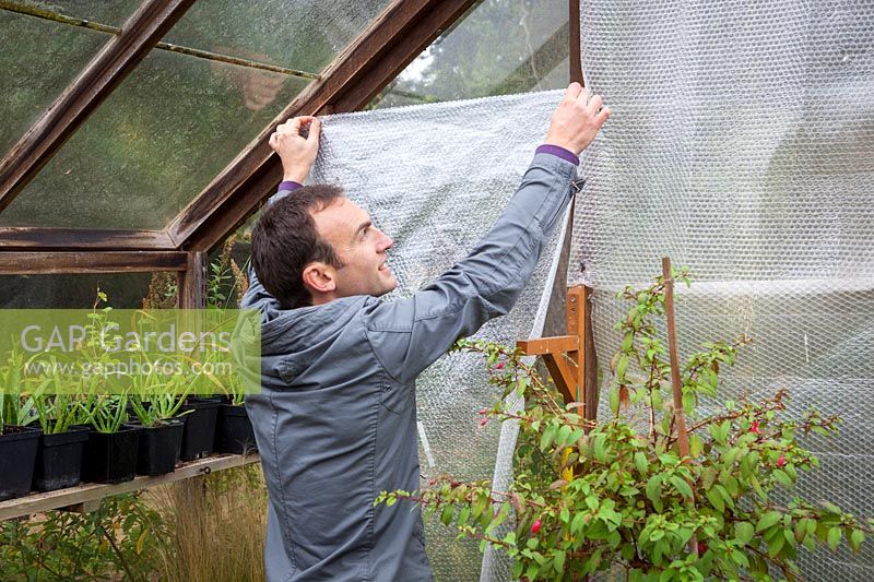 Putting up greenhouse insulation bubblewrap, October
