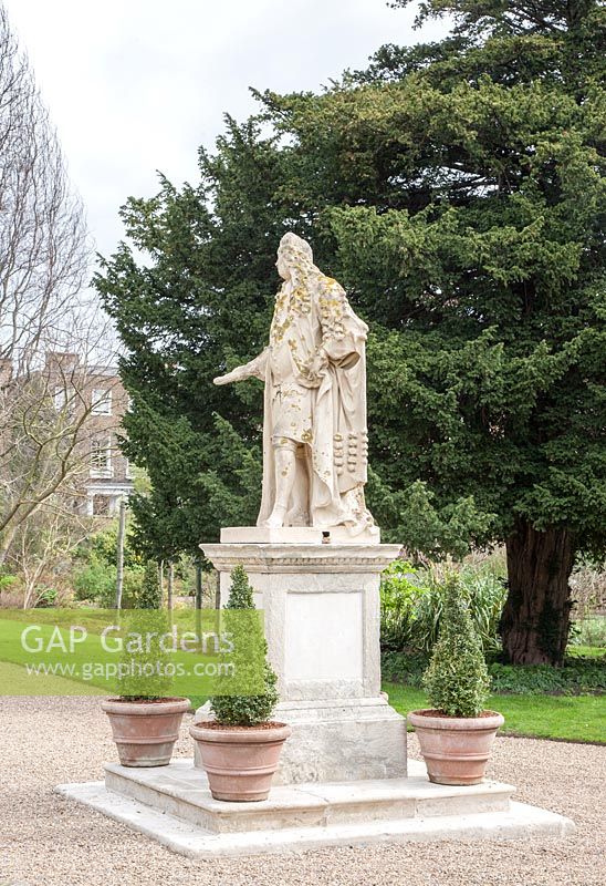 Original statue of Sir Hans Sloane, 1660-1753, by Michael Rysbrack in 1733, in the centre  of Chelsea Physic Garden, London. It has now been replaced by a modern replica, the original, seen here, is in The British Museum. 