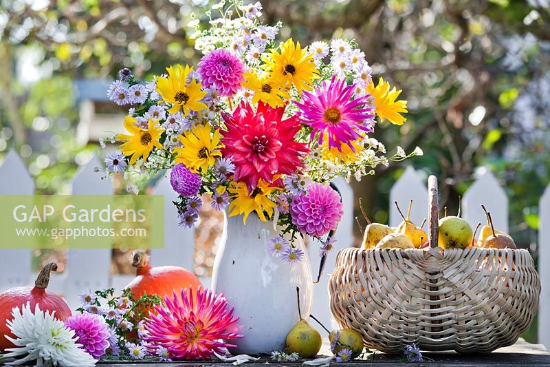 Jug of Asters, Dahlias and Helianthus