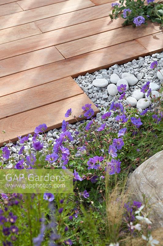 Geranium 'Rozanne' with grey gravel stone chipping and all-weather mandioqueira wood decking with boulders in the 'Business and Pleasure' Garden at Tatton RHS Flower Show 2017