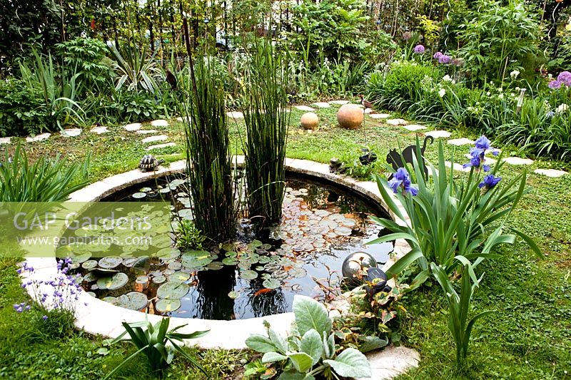 Small circular pond with Iris  'Mer du Sud'. Gaetano Zoccali garden. Milan. Italy