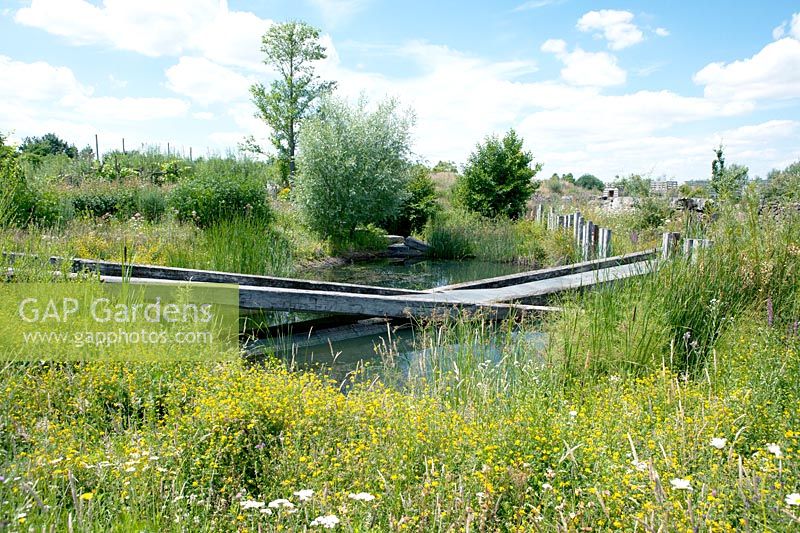 The wildflower recycle garden designed by Wilde Weelde Wereld. In the pond a slanted bridge with gangways.