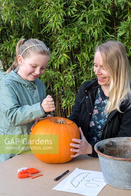 A young girl, helped by her mother, cuts a 15cm circle in the top of a large pumpkin