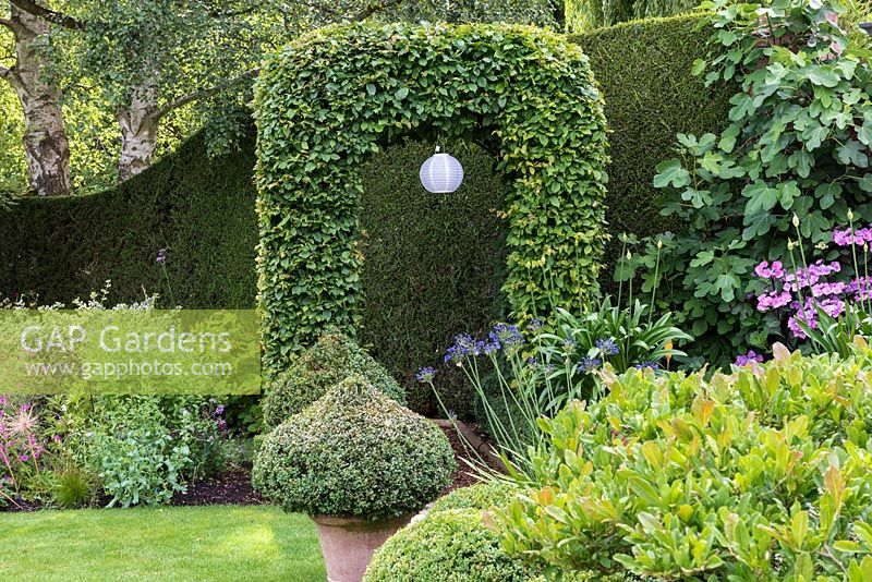 A hornbeam arch straddles a path leading to a hidden part of the garden.