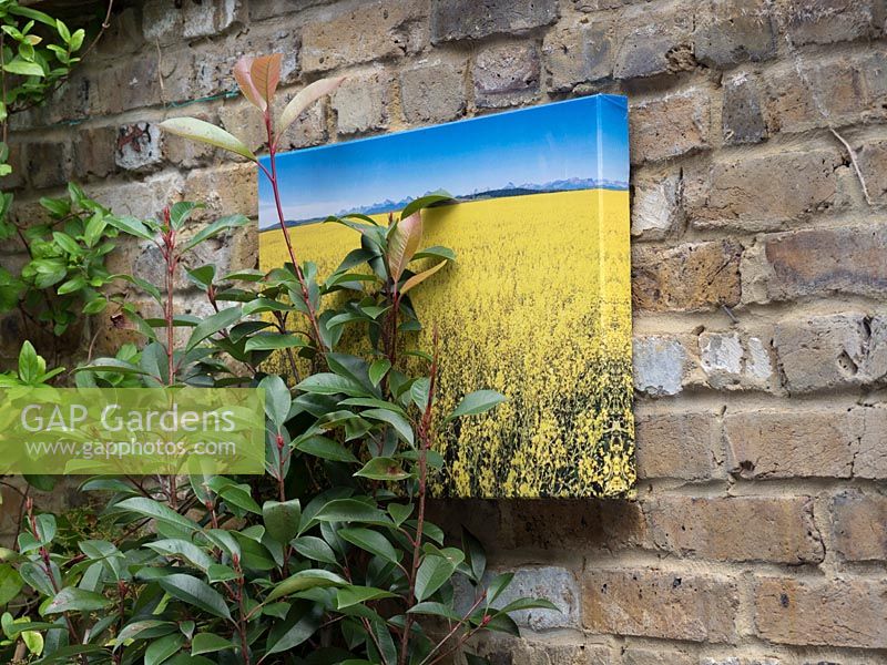Countryside scene canvas hanging on brick wall.