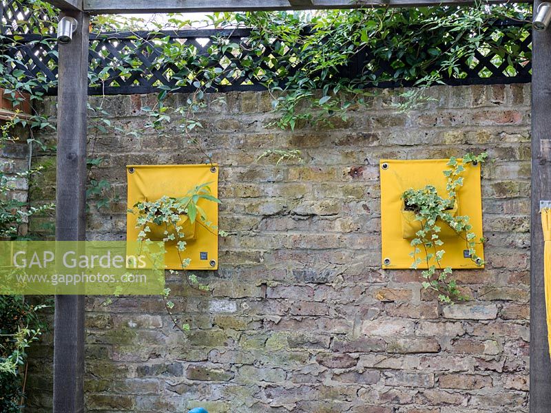 Two yellow wall planters beside the wooden structure