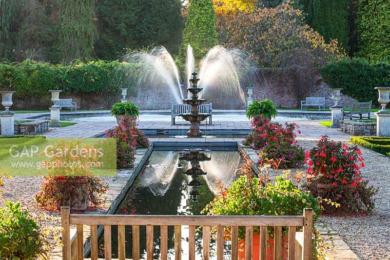 The formal, Italian garden, water fountain and canal at Arley Arboretum, Worcestershire 