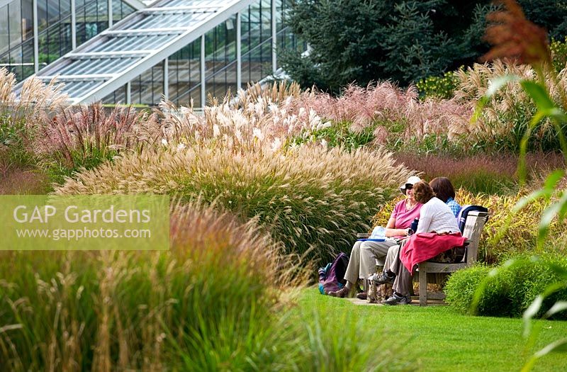 Grass borders and visitors on bench by 'Princess of Wales' conservatory - Royal Botanic Gardens, Kew