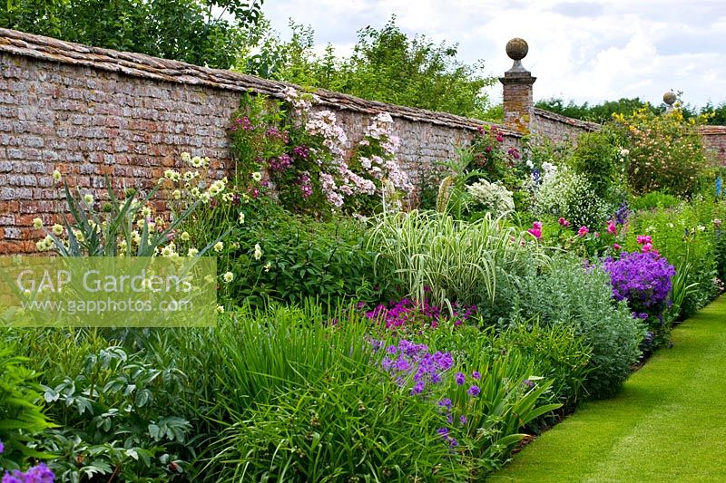 Border in the walled garden with Peonies, Tradescantia, Clematis, Roses, Geraniums