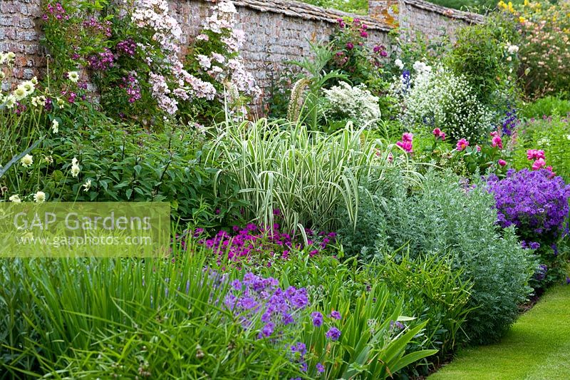 Walled garden with herbaceous border in summer, border contains Peonies, Tradescantia, Clematis, Roses and hardy Geraniums