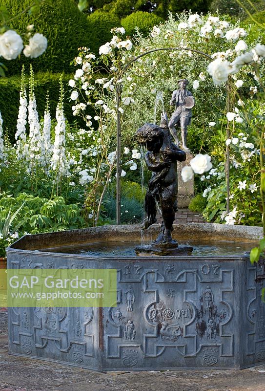 Lead pool with Cherub fountain, white Delphiniums and metal arch with Rose 'Snowdrift'