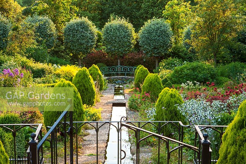 View down the rill to trees Sorbus aria 'Lutescens' and Platycladus orientalis 'Aurea Nana'