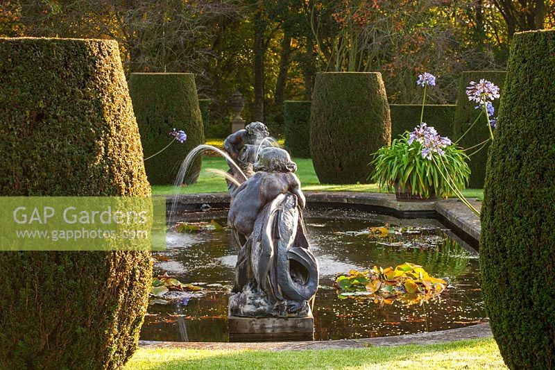 Formal Italian pool with stone sculpture fountain and clipped topiary shapes with Agapanthus