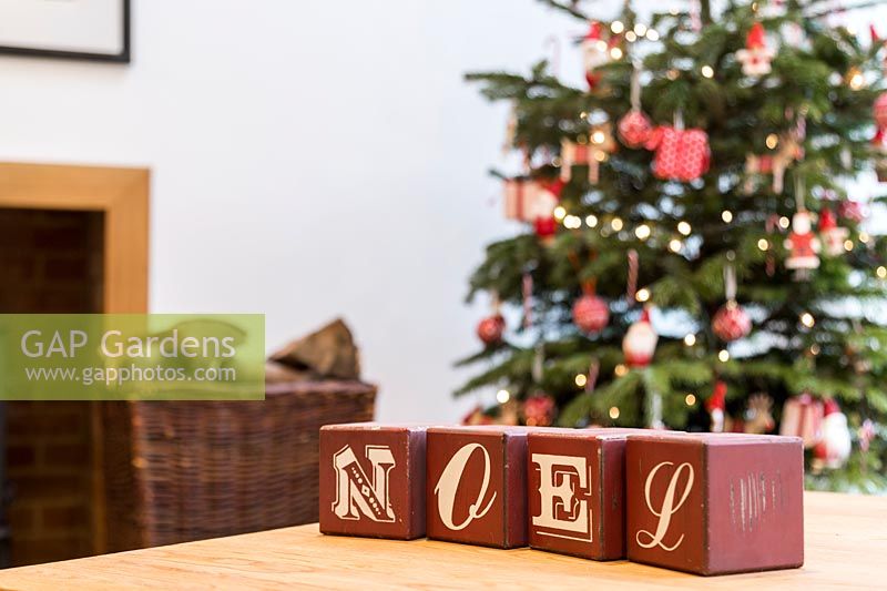 Close up of red letter blocks spelling out Noel. 