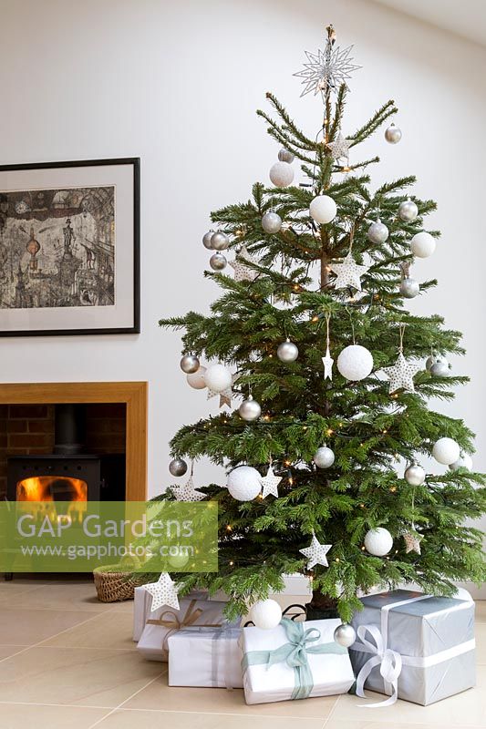 White colour themed Christmas tree in living room