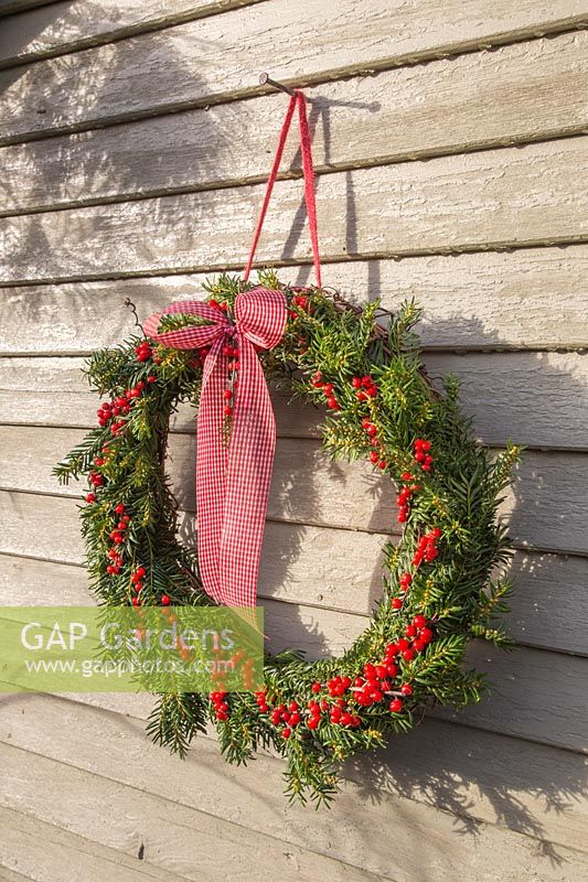 Festive Christmas wreath hanging in a rustic setting in afternoon light