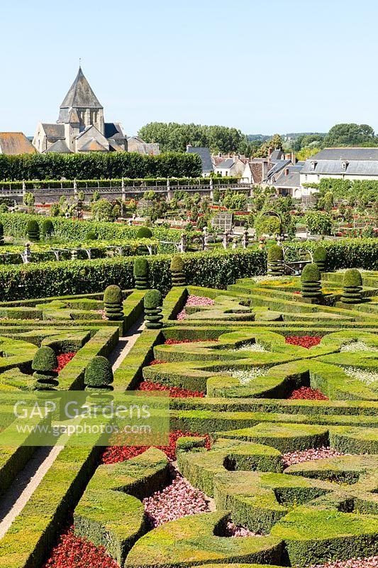 View over the formal parterre gardens at the Chateau de Villandry, Loire Valley, France. A UNESCO World Heritage Site