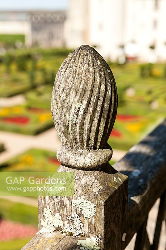Carved wooden finial on a fence in the gardens of the Chateau de Villandry, Loire Valley, France. A UNESCO World Heritage Site