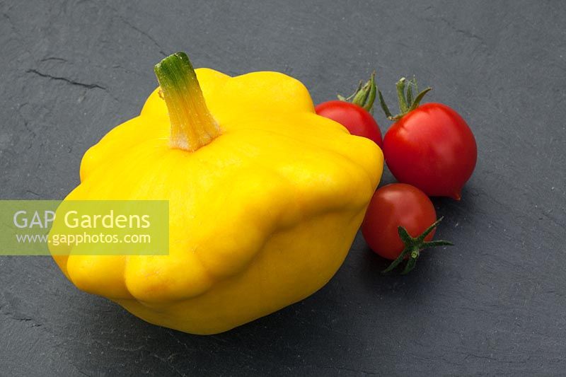 A yellow summer patty pan squash and cherry tomatoes on a stone slate background