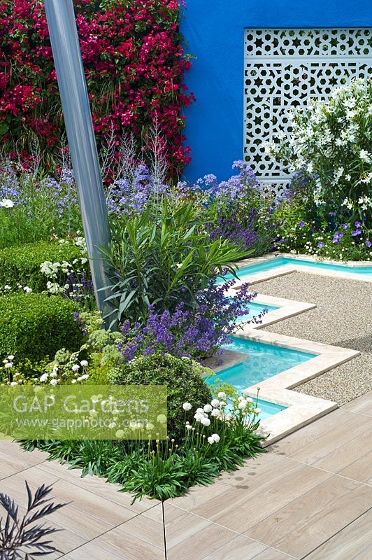 Bougainvillea on a blue wall and pools of water in a blue and white Mediterranean style garden