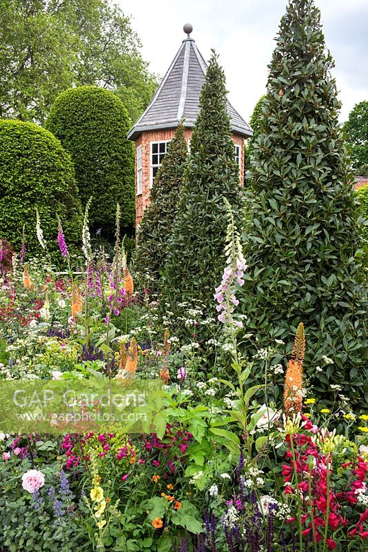 Twirling bay trees in The Harrods British Eccentrics Garden, RHS Chelsea Flower Show 2016. Designer Diarmuid Gavin.