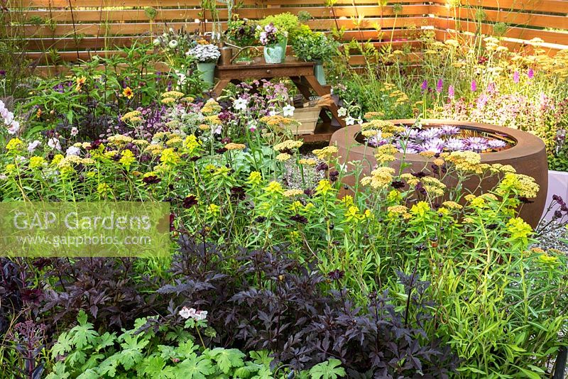 Small summer garden with flowering perennials and round water bowl with water lilies. Surrounded by wooden panel fencing