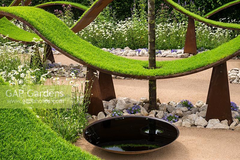 Undulating waves of artificial turf, with circular bowl water feature. RHS Hampton Court flower Show