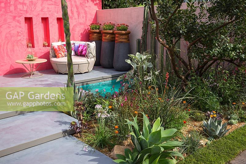 The Inland Homes: Beneath a Mexican Sky garden at the RHS Chelsea Flower Show 2017. Sponsor: Inland Homes plc. Designer: Monoj Malde. Awarded a Silver