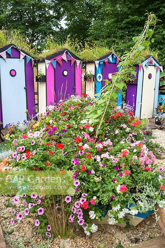 The Southend garden 'Fun on Sea' at the RHS Hampton Court Flower Show 2017. Designer: Tony Wagstaff. Sponsor: Sovereign Play Equipment. Awarded a Silv