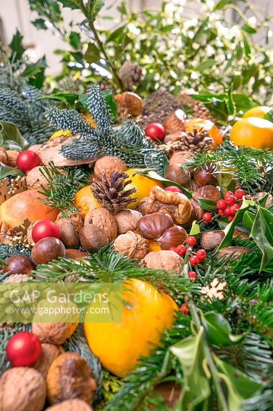 Christmas decoration with nuts and fruit