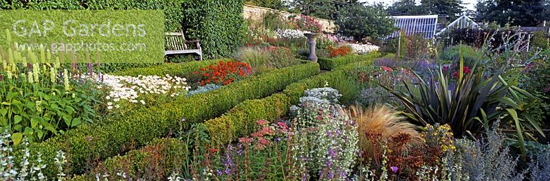 Long borders in walled garden at Cambo Gardens, Fife, Scotland.