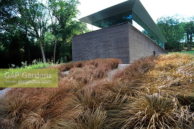 Visitor Centre design by architect Alfred Munkenbeck of Munkenbeck Marshall at Mount Stuart Isle of Bute Scotl grass planting