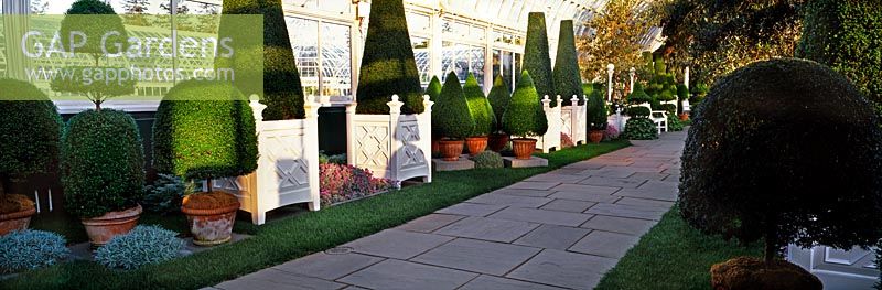 Interior of conservatory with topiary display at New York Botanic Garden USA