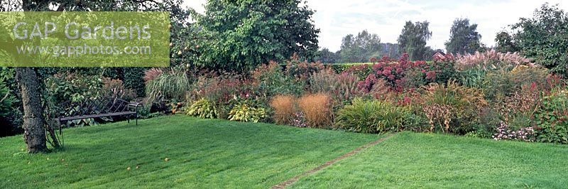 Mixed borders at Piet Oudolf s garden Hummelo Holland Mown lawn with apple tree Border with ornamental grasses flowers