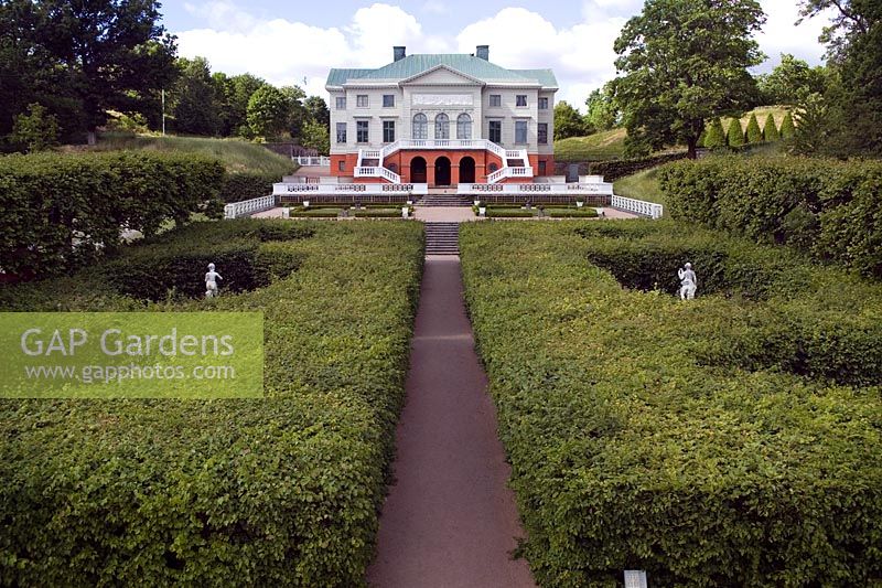 Gunnebo House Gothenburg Sweden View up from the pond area towards the main house over the Bosquet formal French Baroque gardens