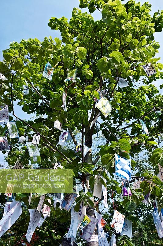 RHS Chelsea Flower Show 2010 Eden Project  Places of Change garden by Paul Stone. Tree hung with labels & messages