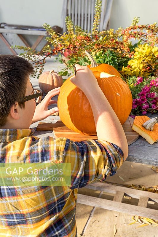 Boy is carving a Halloween pumpkin