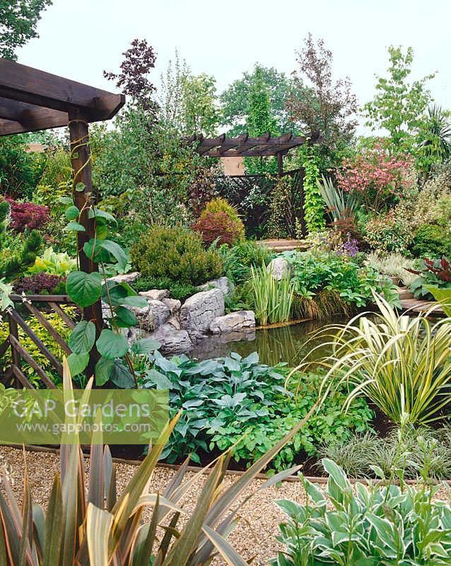 Pond with perennials and ornamental shrubs