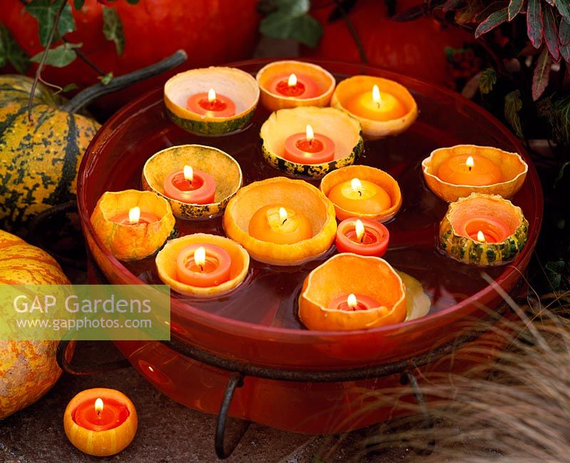 Cucurbita - hollowed pumpkins with candles floating in glass bowl