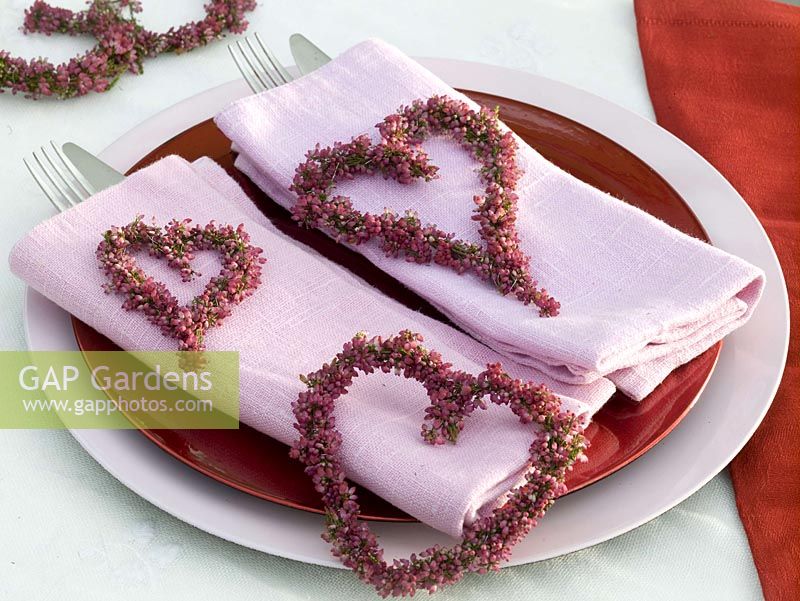Hearts of Erica ( Erica ) on folded napkins, cutlery, plates menu