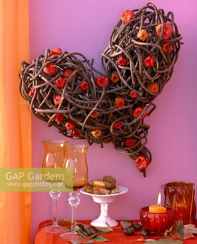 Heart of twigs, Physalis - lanterns, Castanea - chestnuts, leaves, glasses, cookies