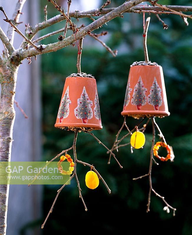 Homemade Bird Food from clay pot and branches