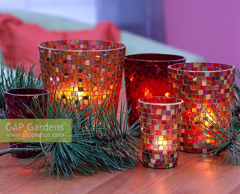 Mosaic lanterns decorated for Christmas