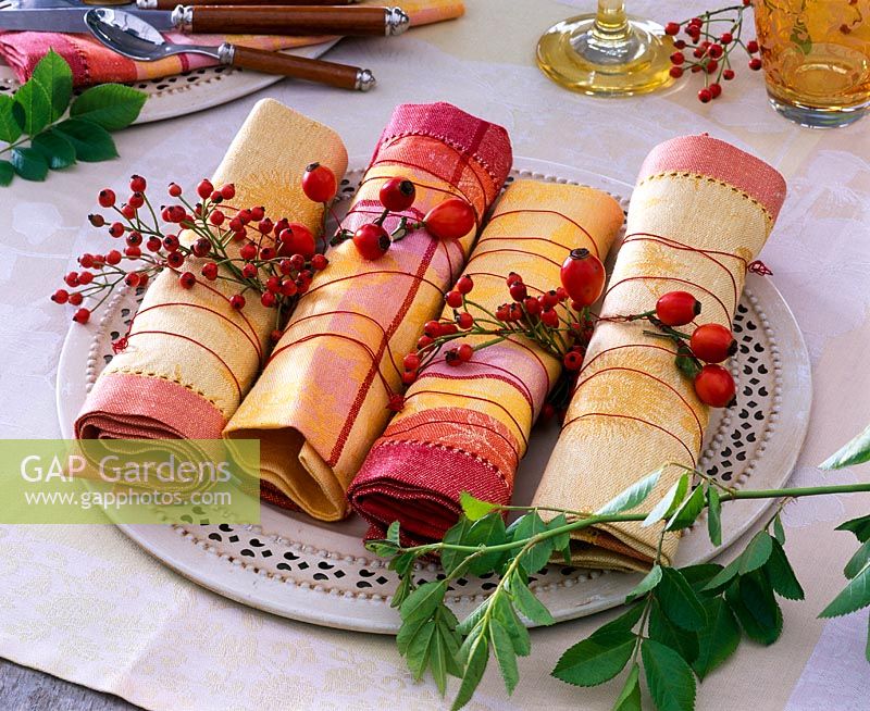 Napkins made of fabric decorated with pink ( rose hips ) on